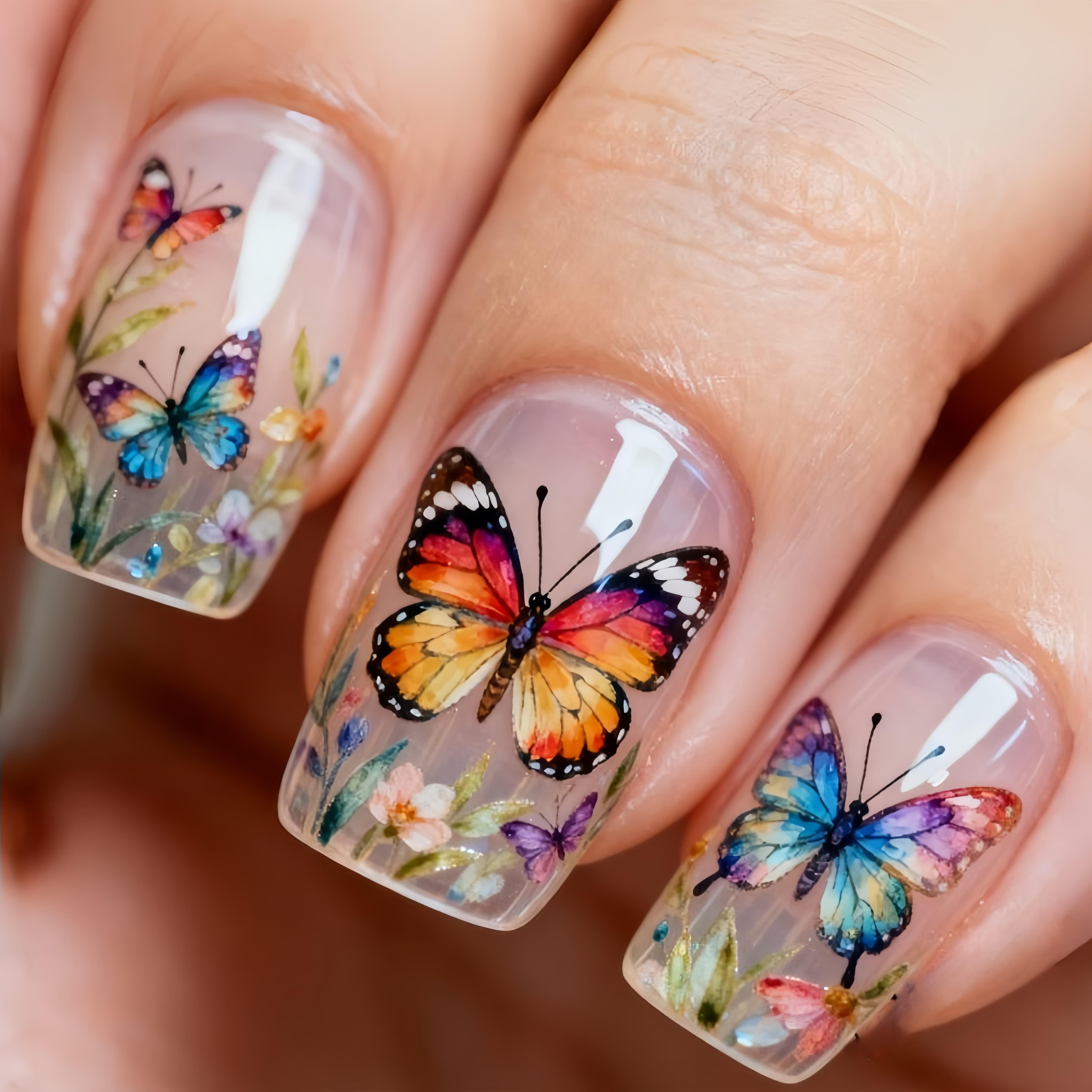 TEMU 24pcs And Floral Ombre Design Press-on Nails, Detachable Fake Nails, Medium-length Square Nails For Women, Reusable Artificial Nails, Wearable Nails