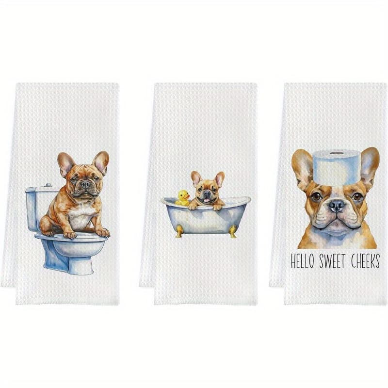 TEMU 3-pack Modern French Bulldog Kitchen Towels, 18x26 Inch, Super Soft Polyester, Machine Washable, Fantasy Themed, Woven Oblong Towels For Dog Lovers, Reusable Gift Idea