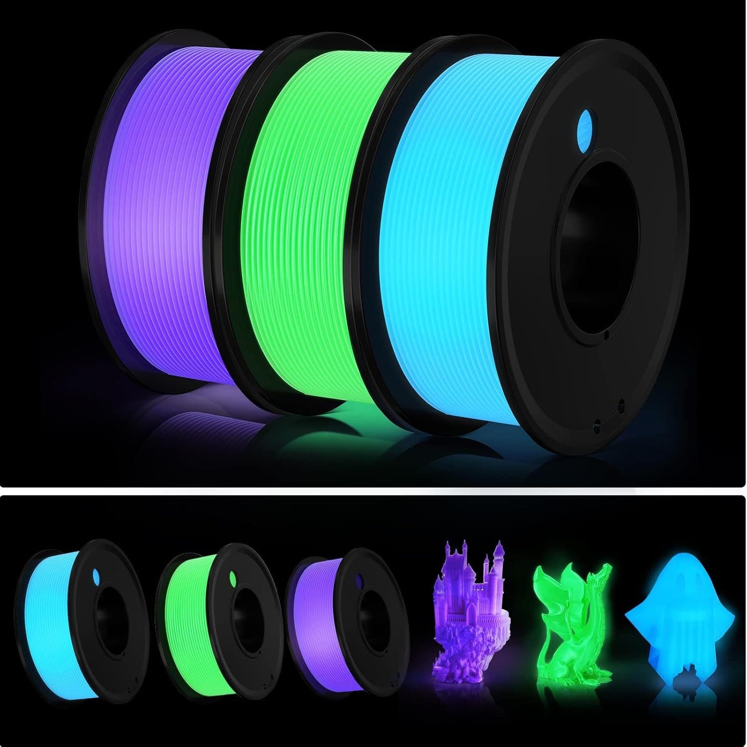 TEMU 3d Printer Filament Pla Glow In The Dark 1.75mm 3-d Printing Materials 3 Colors Bundle Print Filiment 1.75 Mm Purple Fillament Spool Vacuum Packaging 250g X 3
