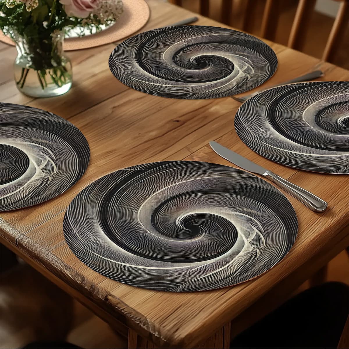 TEMU 4pcs Modern Black& -like Round Placemats- Dark Grey/beige , Durable Table S For Kitchen, Dining Table, Parties, Marble Pattern Tableware(/gray)- Easy-