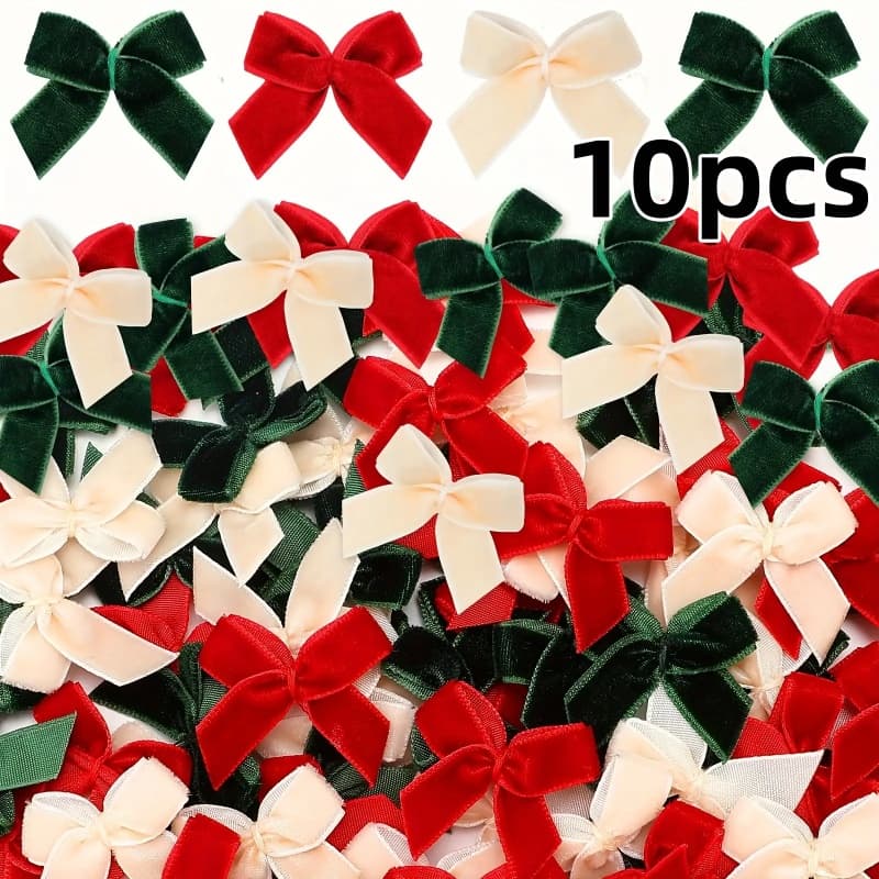 TEMU Mini Christmas Velvet Bows-red Green Beige Three-color Handmade Twisted Ribbon Bows/gift Packaging Materials (ribbon Bows, Christmas Handmade, Made In )(random Color)