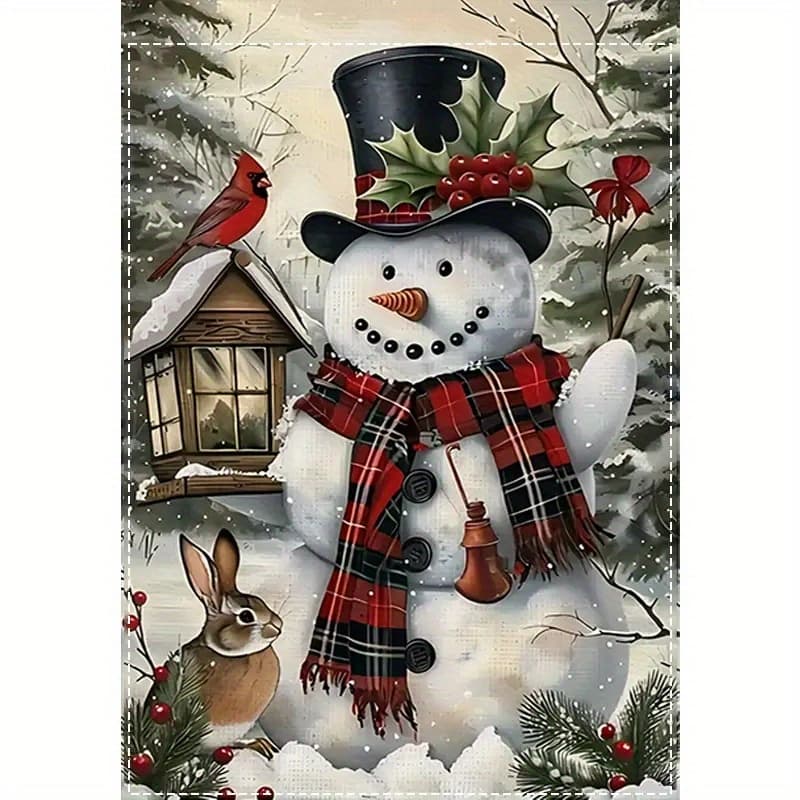 TEMU Holiday Snowman And Rabbit Garden Flag - Double Sided, Polyester Burlap, 12x18 Inches - Banner For Front Yard, Porch, Lawn Decor, Flag