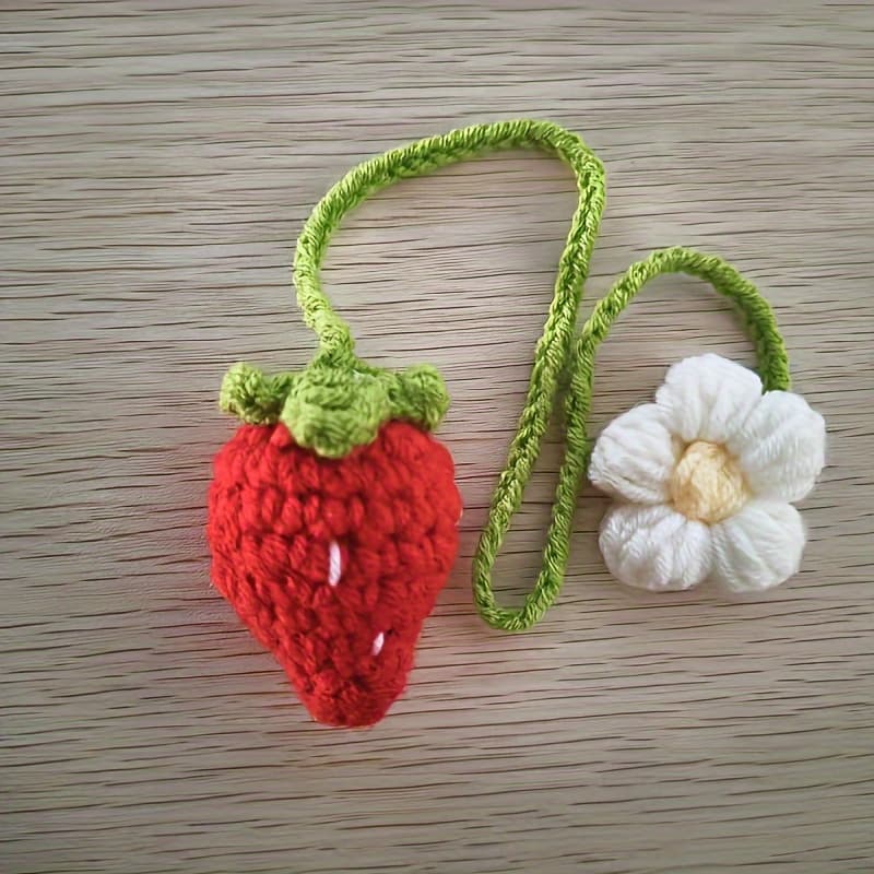 TEMU 1pc Handmade Crochet Flower And Strawberry Keychain- Unique Yarn Bag Charm With Green Leaves, Perfect For Backpacks, Cars, Or Daily Use- Ideal Gift For Women, Car Key Decoration| | Exquisite