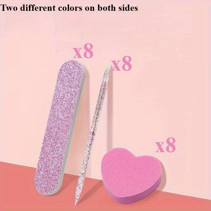 TEMU 24pcs Set Of Pink Glitter Nail Care Kit - Heart-shaped Buffer, Rod, And Double-sided File For Nail And Pedicures, With A Sparkling Pink Glitter Design