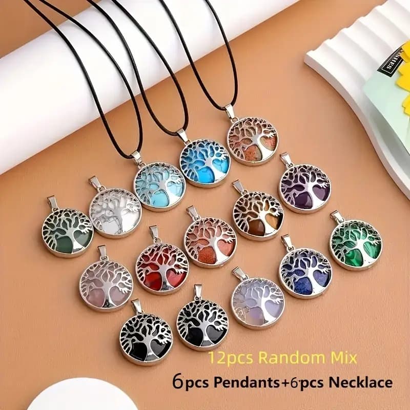 TEMU Set Of 12 Handcrafted Of Life Pendants With A Black Synthetic Necklace - Perfect For Jewelry Projects, Ideal For Occasions Like Valentine's Day, , Graduations, And Birthdays, Featuring Tree Of .