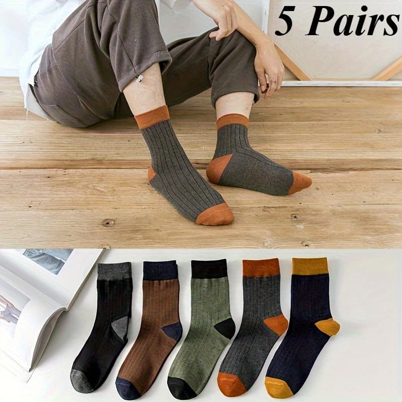 TEMU 5 Pairs Of Stylish Crew Socks For Men - Mid-length, Solid Colors With Heel Support, Featuring Elastic Stripes That Are Soft, Breathable, And Moisture-wicking, Suitable For All