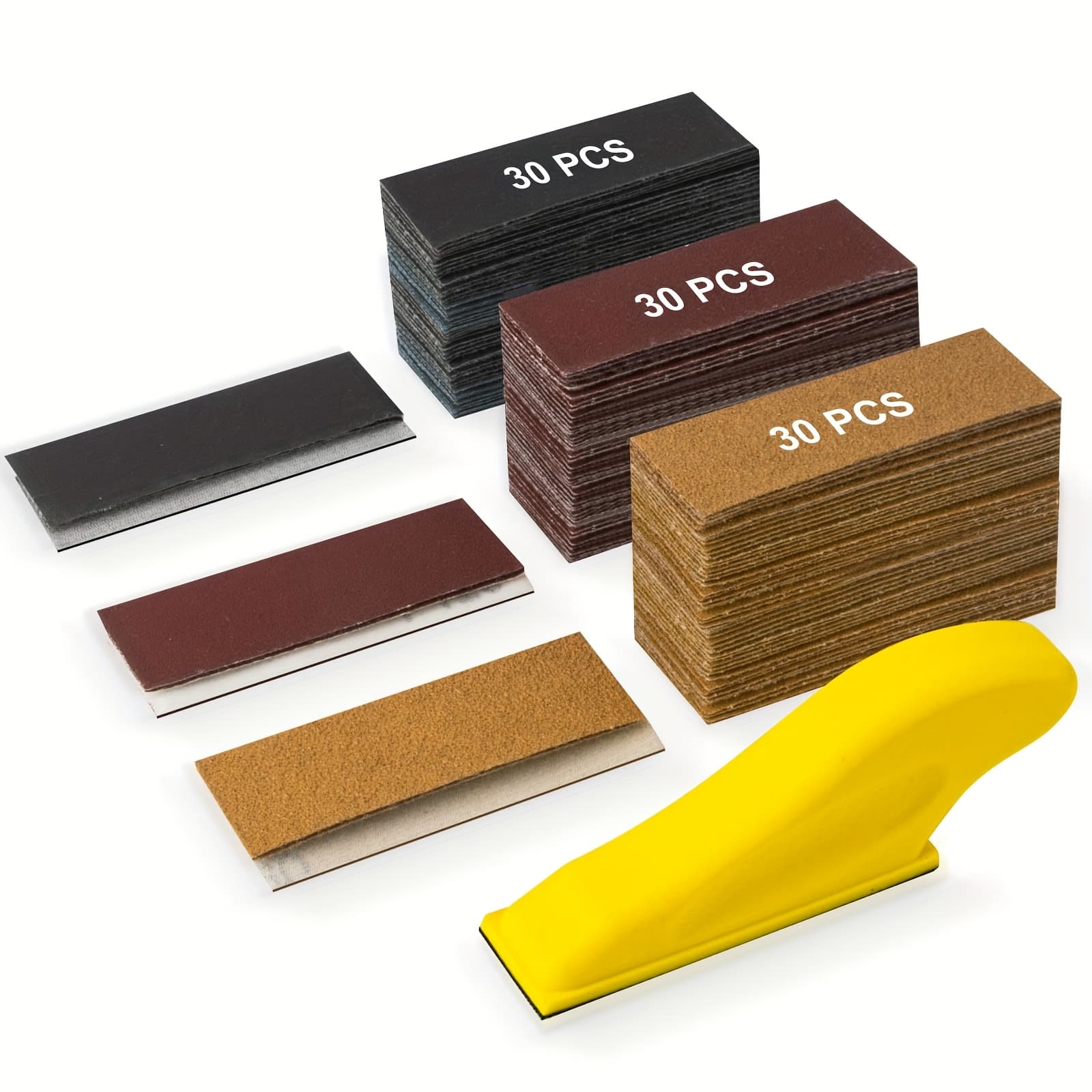 TEMU 30*93mm 90pcs Premium Micro Detail Sander Set, Upgraded 3-in-1 Mini Manual Sanding Block, 60-400 Grit Sandpaper Suitable For Woodworking, Narrow Spaces, And Polishing Projects(total 91pcs)