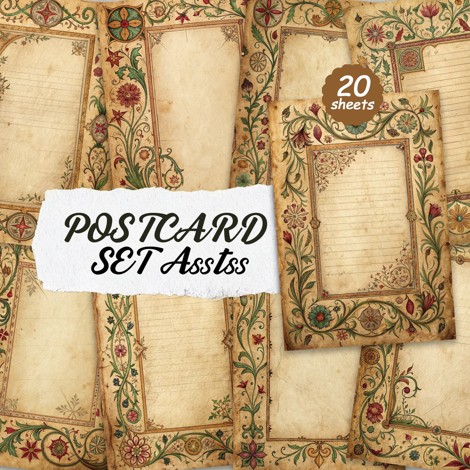 TEMU 20-pack Asstss Vintage Medieval Paper Postcards - 4x6 Inches Retro Junk Journal Supplies, Classic Pinup Illustrations Collectible Decorative Painting Cards For Scrapbooking & Crafting