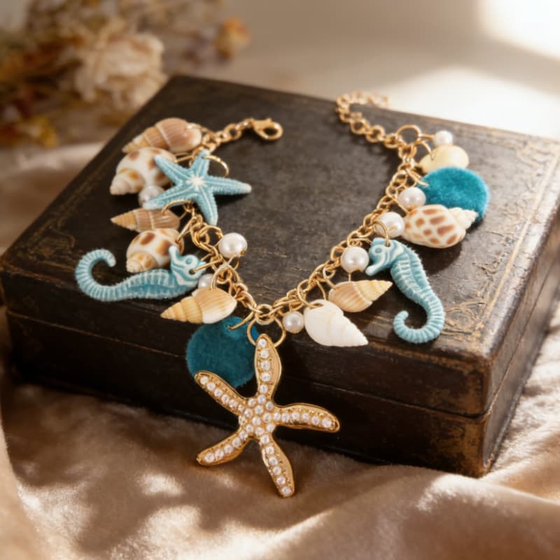 TEMU Elegant Ocean Bohemian Style Bracelet With Starfish Coral Shells Sea Seahorse Pendants Embellished Suitable For Vacation Trend Casual Wear -
