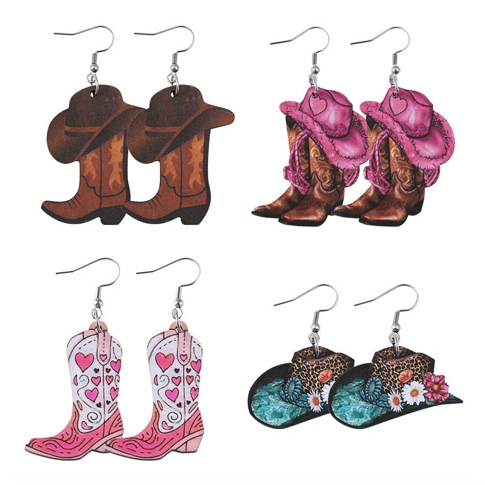 TEMU 4 Pairs, Vintage Western Ethnic Denim Hat Boots Earrings Set Western Cowboy Boots Wooden Pendant Earrings Party Gift