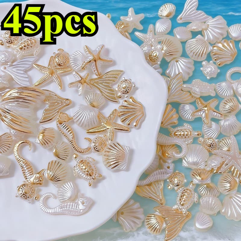 TEMU 45pcs Bead Bracelet | Resin Wind Shell, Conch, Seahorse, Pentagram With Holes, Ideal For Jewelry Making, Hair Accessories, Phone Case - Perfect For New Year, Carnival, Campus Activities