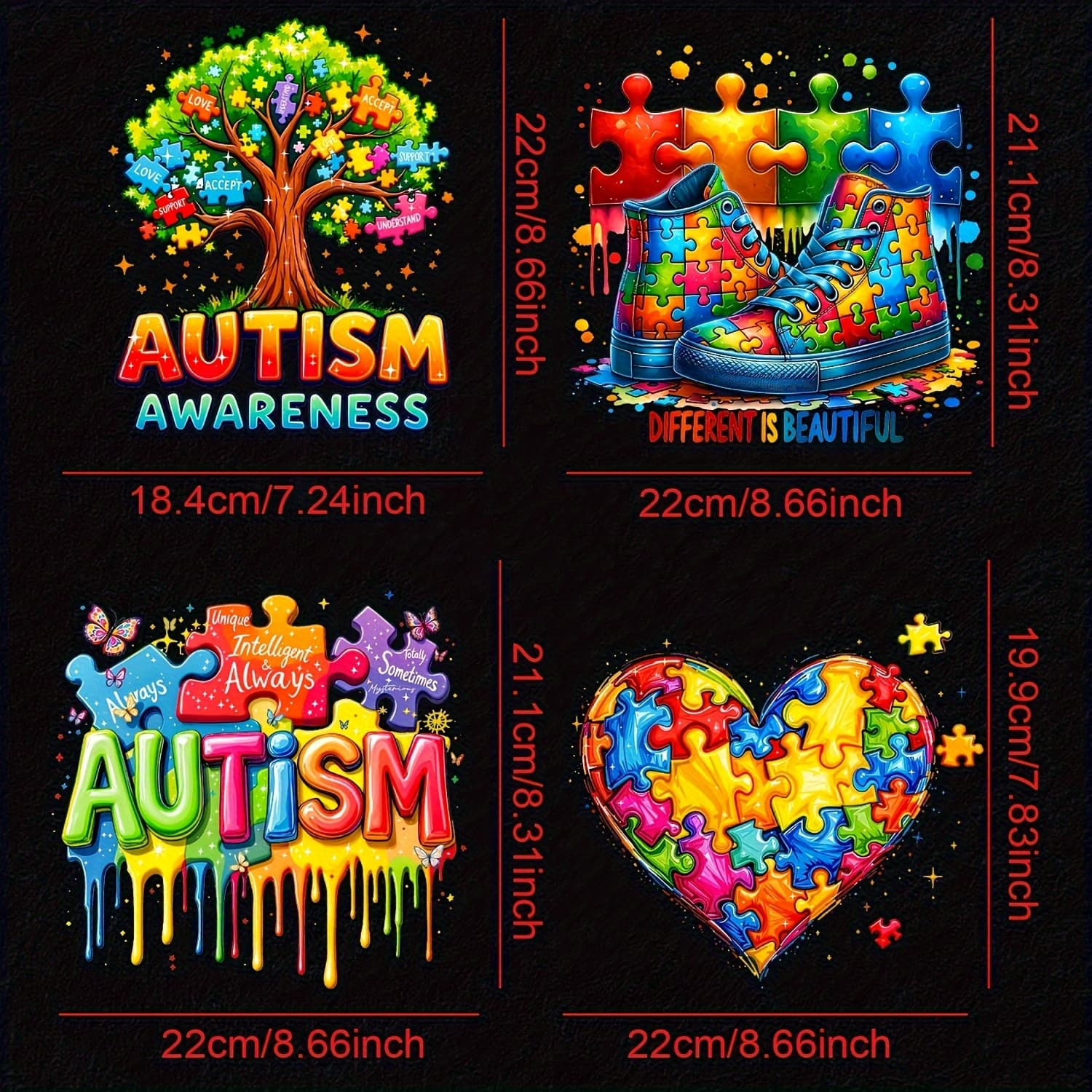TEMU Set Of Transfer Stickers Promoting Autism Awareness Featuring Of A Puzzle, Tree, Shoe, And Heart, Perfect For T-shirts, Canvas Bags, And Pillows. Made From Durable Pvc