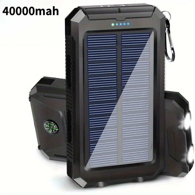 TEMU 40000mah Portable Solar Power Bank, Portable Solar Mobile Phone Charger, Camping External Battery Charger For Mobile Phones, 2 Usb/ Led Flashlights With Compass For Outdoor Activities