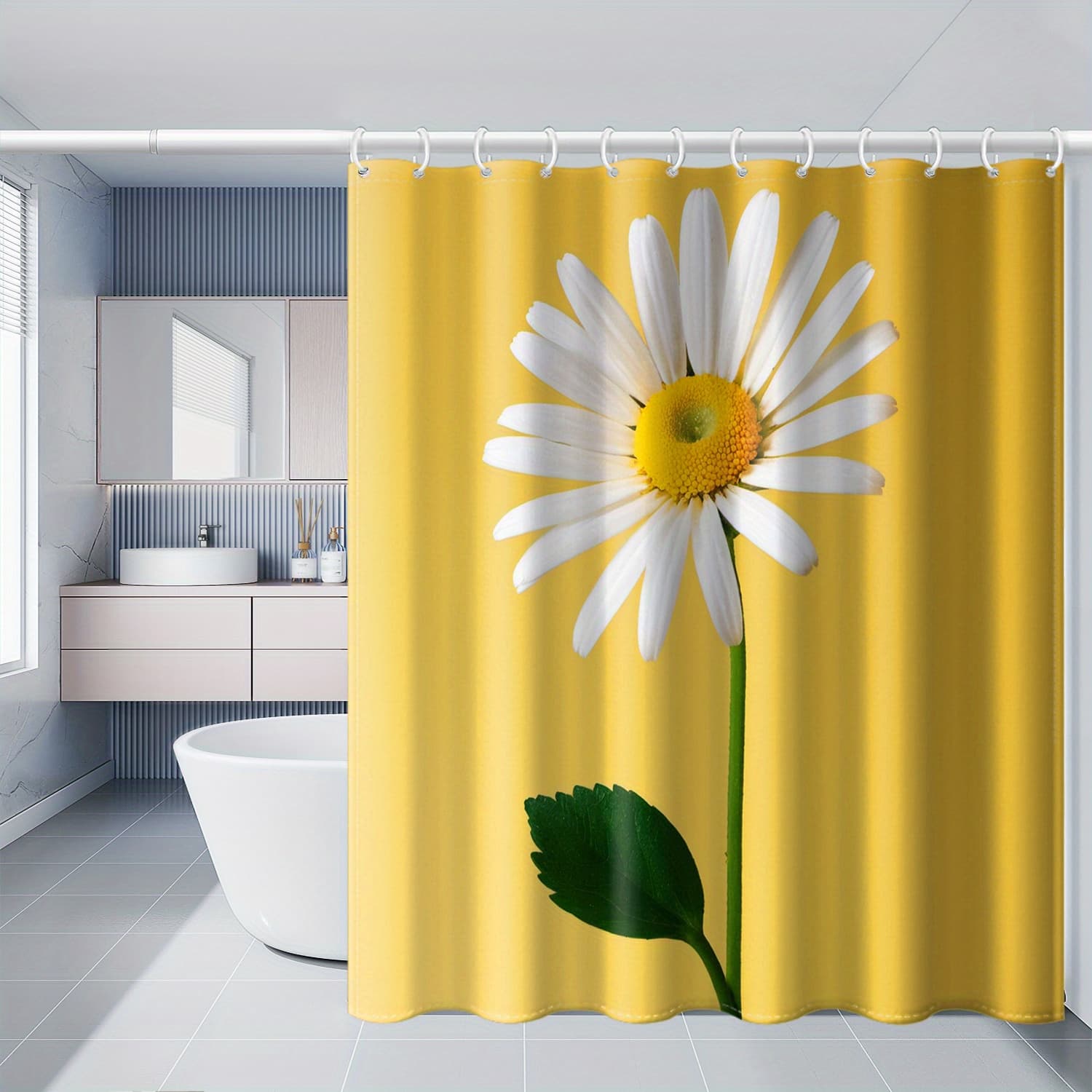 TEMU 1pc Daisy, Yellow Background Polyester Fabric With Hooks, Window And Wall Bathtub Bathroom Furniture Decor Universal 71×71 Inch