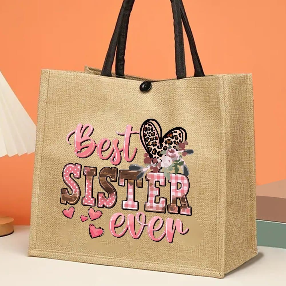 TEMU Chic Sister-themed Jute Tote Bag - Large Capacity, & Stylish Handbag For Shopping, Traveling, Picnics | Perfect Gift For Sisters