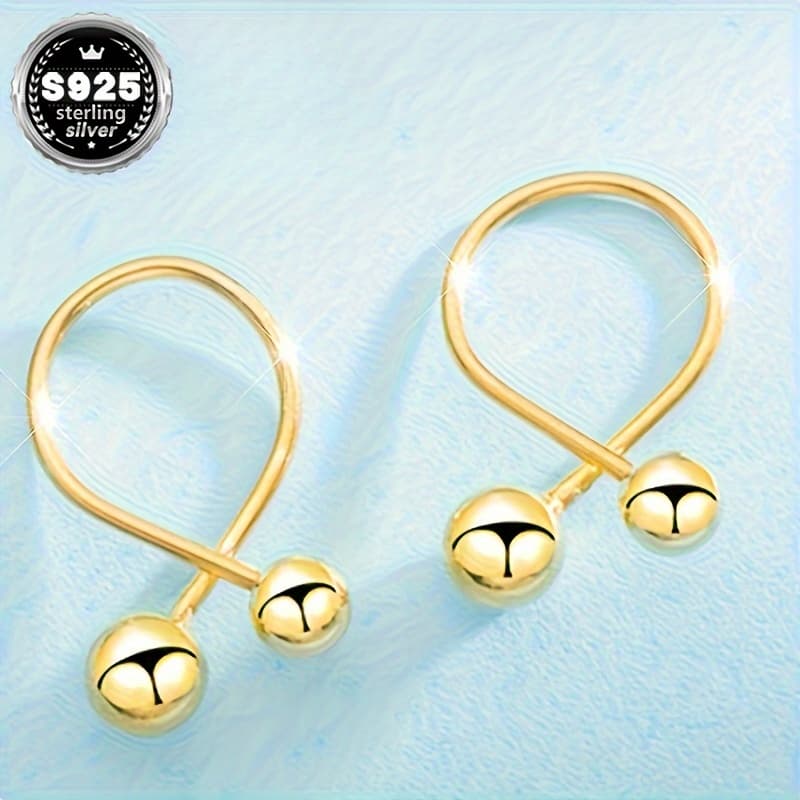 TEMU Women's Short Double Beanie Earrings Made Of 925 Sterling Silver, Hypoallergenic, Featuring Light Bead Design And Easy Small Thread Beads, Weighing Approximately 0.85g