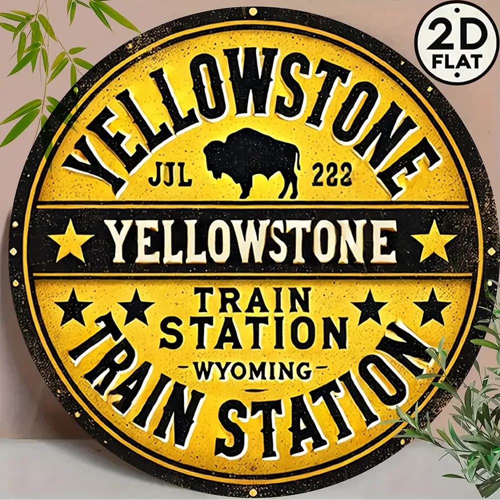 TEMU 2d Flat, -themed Vintage Metal Wall Sign - 8" Round & Train Station Replica With Iconic Logo (jl L 222) - Durable 2d Flat Decor For Home, Bars, Cafes - Western Souvenir Gift, 2d Flat