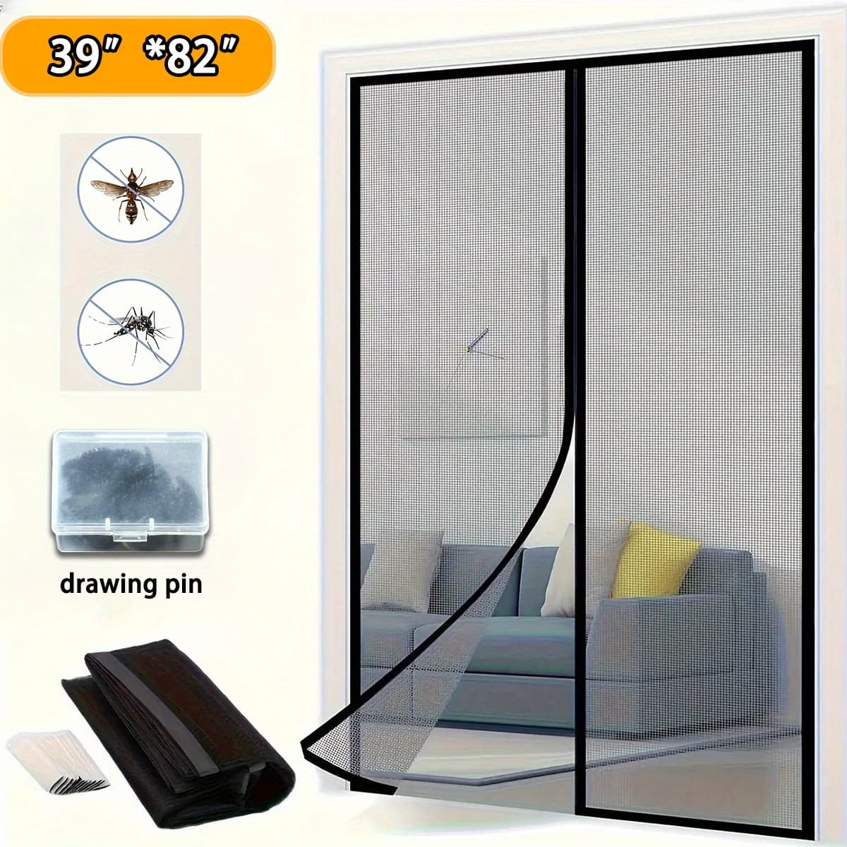 TEMU 39*82 Inch Automatic Closing Magnetic Screen Door With Weight Bottom-durable Glass , Black Metal Frame Suitable For Bedroom, Air-conditioned Room, Pet Safety , Household Magnetic Door Stop, Door.