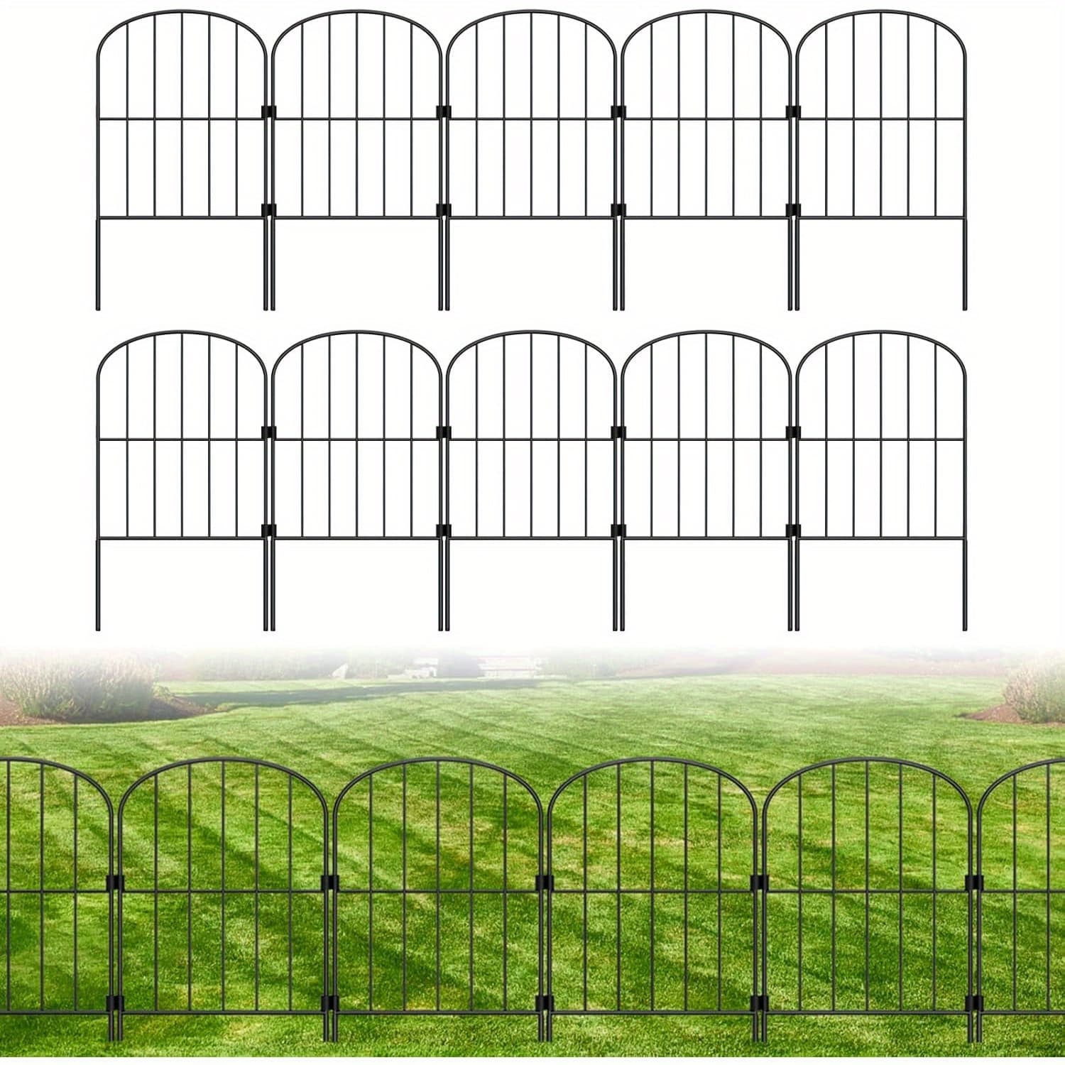 TEMU 10pcs Rustproof Metal Animal Fence Panels - 10ft X 24in Arched Design With Decorative Lattice Top, Durable Outdoor Garden & Courtyard Landscape Fencing For Pet Safety & Style, Pet Fence