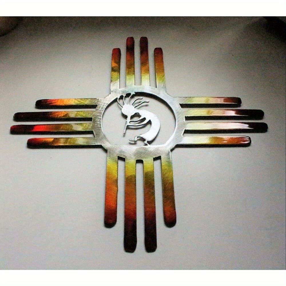 TEMU 2d Flat, Southwestern Zia Metal Wall Art - Style Fire Colored Geometric Patterns In Southwestern Decor, Metal Panel For / Use Suitable For, Office, Or Cultural Gift, 2d Flat