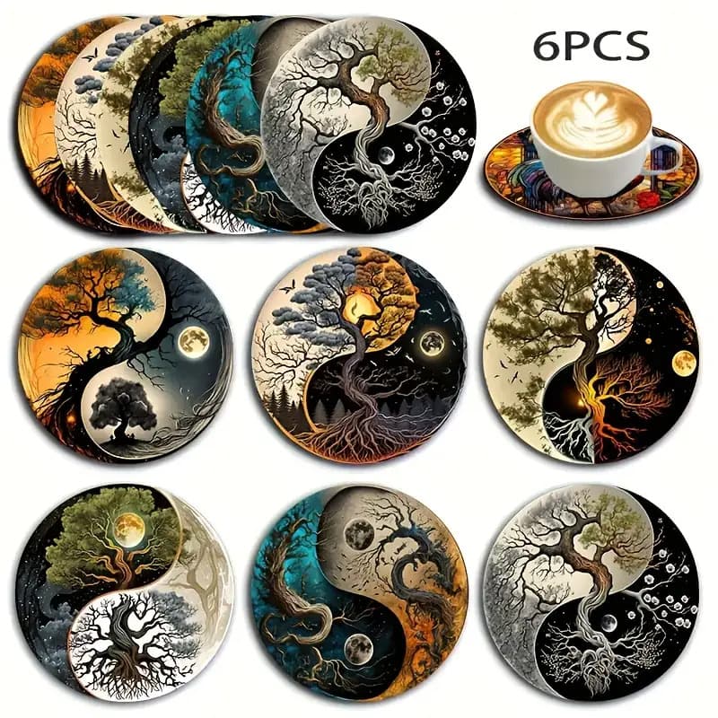 TEMU Set Of 6 Yin-yang Tree Coasters, Made Of Wood, Heat-resistant For Tea, Ideal For Home, Bar, Office, And Different Events, Hand Wash , No Power Required
