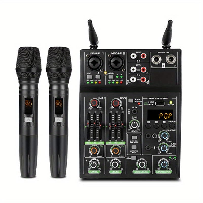 TEMU High-quality 4-channel Mixer With Uhf Wireless Microphone System - Perfect For Music Performance And Karaoke, 48 Power, Wireless Phone For An