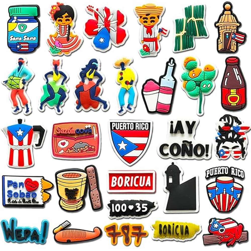 TEMU 28pcs Puerto Rican Theme Shoe Charms - Cartoon Creative Additions - Decorative Brooches - Birthday And Holiday Party Gifts, Without Battery