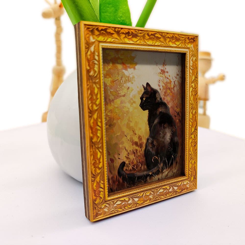 TEMU 1pc Black Cat Fridge Magnet - Mini Framed Wood Frame With - Ornate Corners, Realistic Black Cat & Fridge Art, Fridge Door Decor, For Cat Lovers, Fridge Magnets Collection
