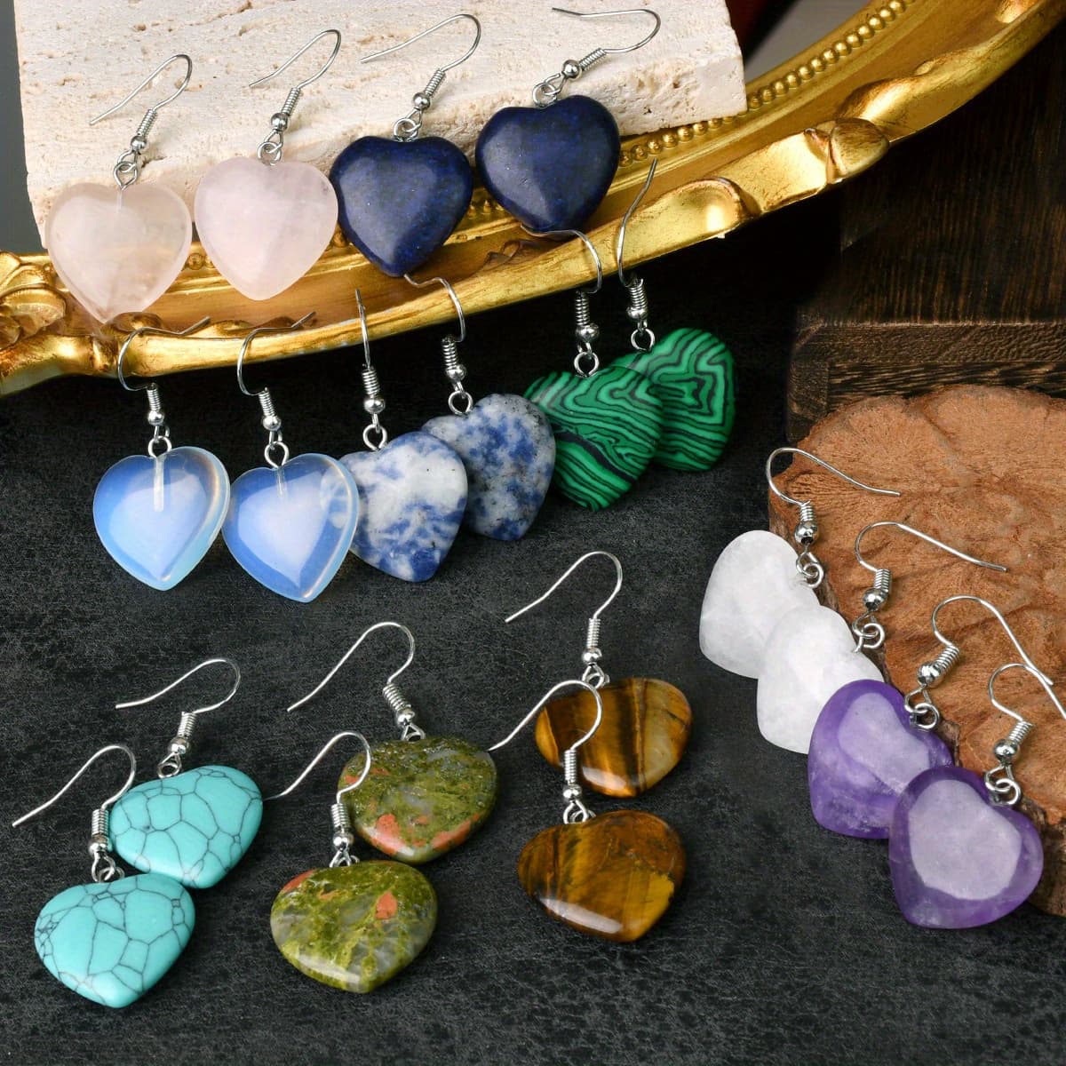 TEMU 10 Pairs Of Natural Stone Heart Shaped Dangle Earrings, Bohemian Style Earrings Set, & Gift-, Valentine's Day, Day, Anniversary, Birthday Gifts, Ideal For Summer And Vacations
