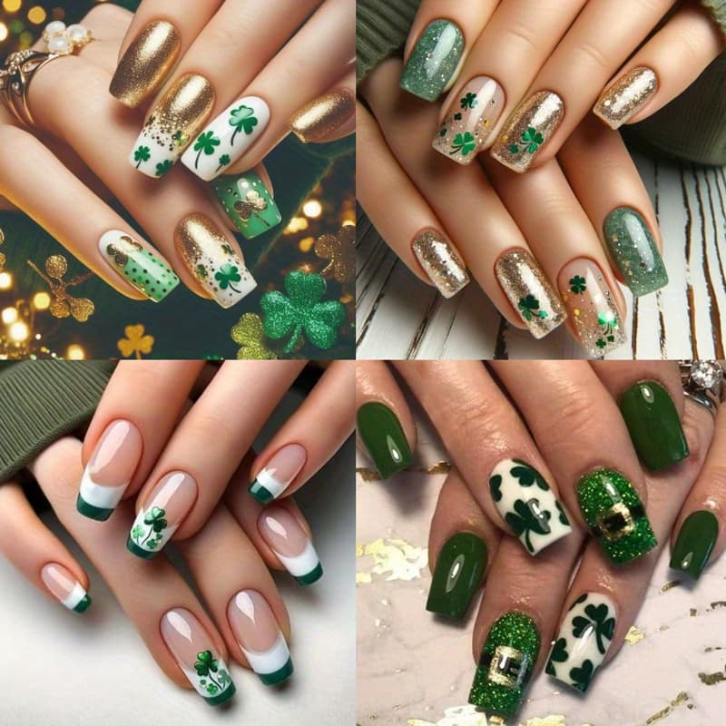 TEMU 96pcs (4-pack) Press-on Nail Set, Green And Golden Glitter, Grass Pattern, Square Medium Length, Women's Reusable Removable Nail Sticker