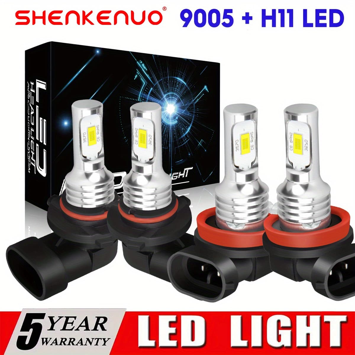 TEMU 4pcs 9005+h11 36000lm 6000k Led Headlight Bulb High Low Beam Plug And Play, 9005 H11 Led Headlight Bulbs Combo, Without Battery