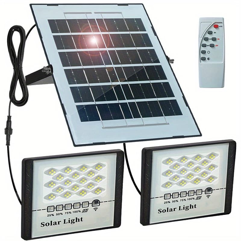 TEMU Dual Lamps Solar Flood Lights Outdoor Dusk To Dawn With Remote Control Timer Power Indicator Leds 6500k 3000lm Solar Security Street Lights Outside For Garage Porch Yard Barn