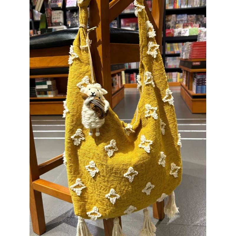 TEMU A Spacious Yellow Shoulder Bag With A Retro Heavy Design, Featuring A Tassel And A 3d Printed Cute Lamb, Perfect For Students For Classes, , And Travel