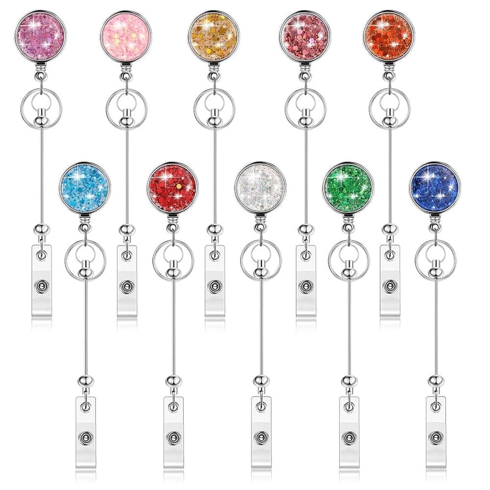TEMU 10pcs Beadable Badge Reels Glitter Diy Retractable Badge Holder Blank Bar Id Name Holder For Beads With Diy Key Ring Belt Clip Gift For Nurse Office