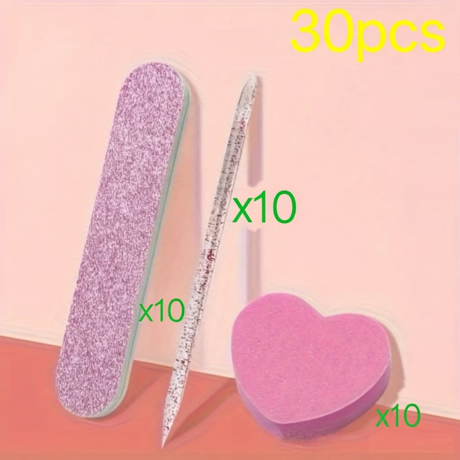 TEMU 30pcs Valentine's Day Nail Care Set | Purple-pink Glitter Nail File, Polishing Crystal Stick, Heart Shaped Sponge, Unscented Plastic Nail And Foot Care Tools Set