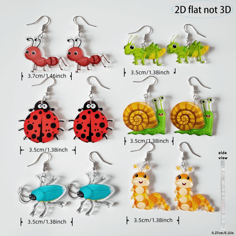 TEMU 2d Flat, 6 Pairs 12pcs Of Cute Cartoon Ladybugs, Beetles, Ants, , And Snails Themed Acrylic Pendant Earrings, Women's Fun Cartoon Animal Earrings, Women's Jewelry Gifts, 2d Flat
