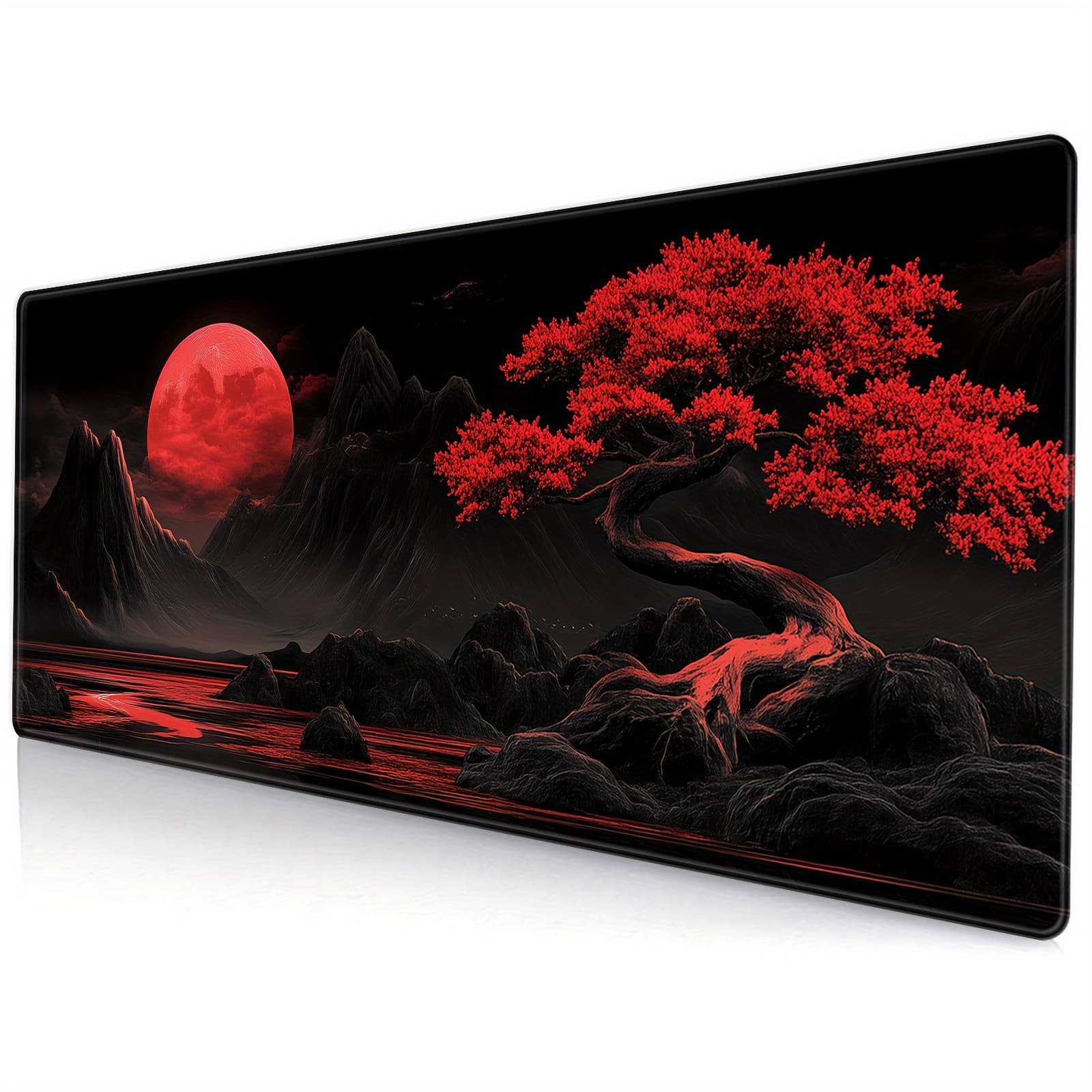 TEMU Xl Red Moon Anime Desk Mat- Large Japanese Gaming Mouse Pad With Non-slip Rubber Base, Suitable For Home Office Extended Keyboard Protector.