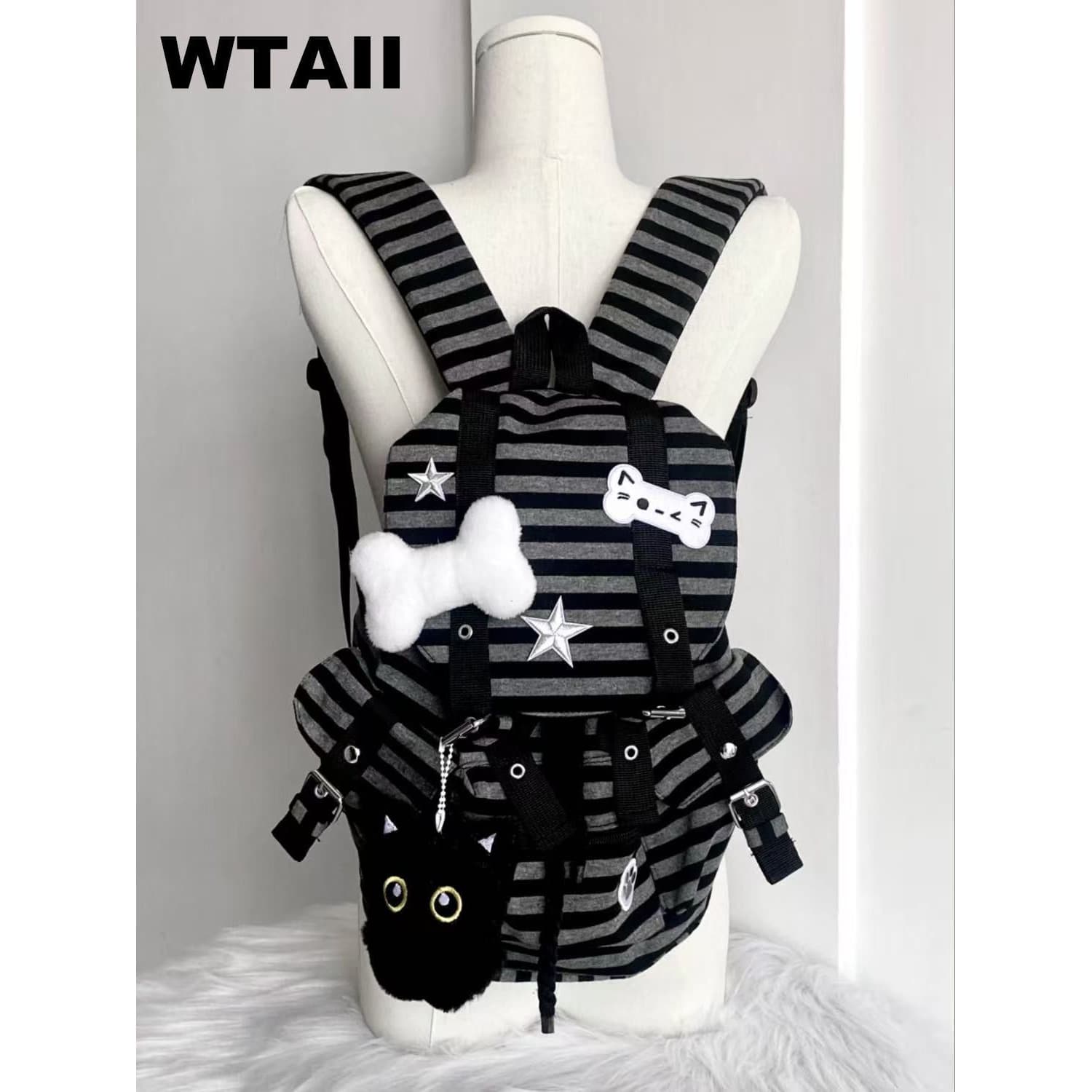 TEMU Retro Japanese Striped Backpack Suitable For School & Travel - Large Capacity Cat Paw & Kitten Themed Bookbag With Adjustable Straps,, Casual School Bag For & (retro Japanese Striped)