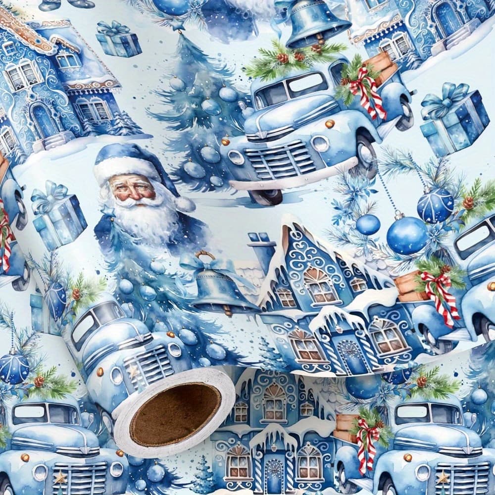 TEMU Blue Christmas Wrapping Paper Roll, , Vintage Winter With Truck, Santa, Snowy Houses Design, Festive Holiday Gift Wrap Paper For Christmas, 58 Inch Per Roll