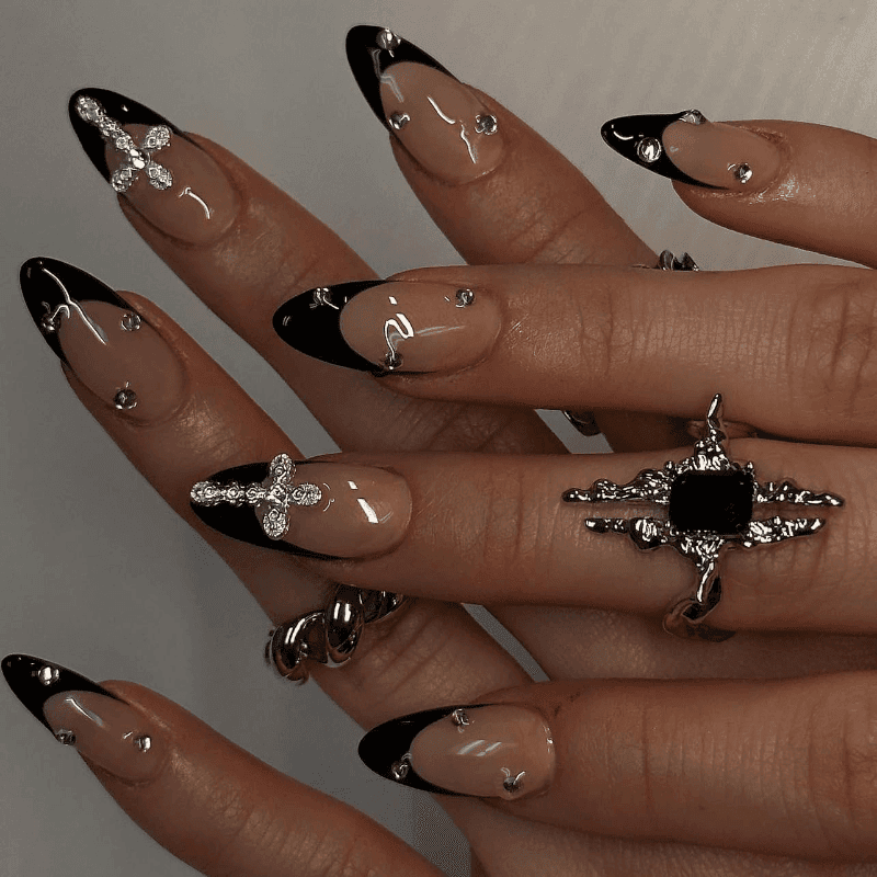 TEMU 48pcs Of Short Almond-shaped Black French Tip Press-on Nails - Pink Nail Tips Acrylic Nail Kit, Complete With Fake Nails, Glue-on Nails, Full Cover Nail Art, And Cross Charms For Women