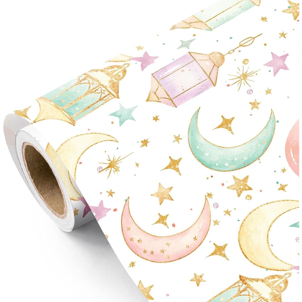 TEMU Eid Wrapping Paper Roll - - 58*23 Inch Per Sheet - Pastel Wrapping Paper With Moon, Star And Lantern Design, Perfect For Islam Holiday, , Wedding, Birthday