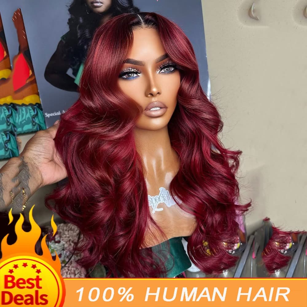 TEMU Ombre Burgundy T1b/99j Body Wave Wigs Made From Human Hair With 180% Density And A Lace Frontal Closure Measuring 13x6x1. Pre-plucked Wigs Are Designed For Women