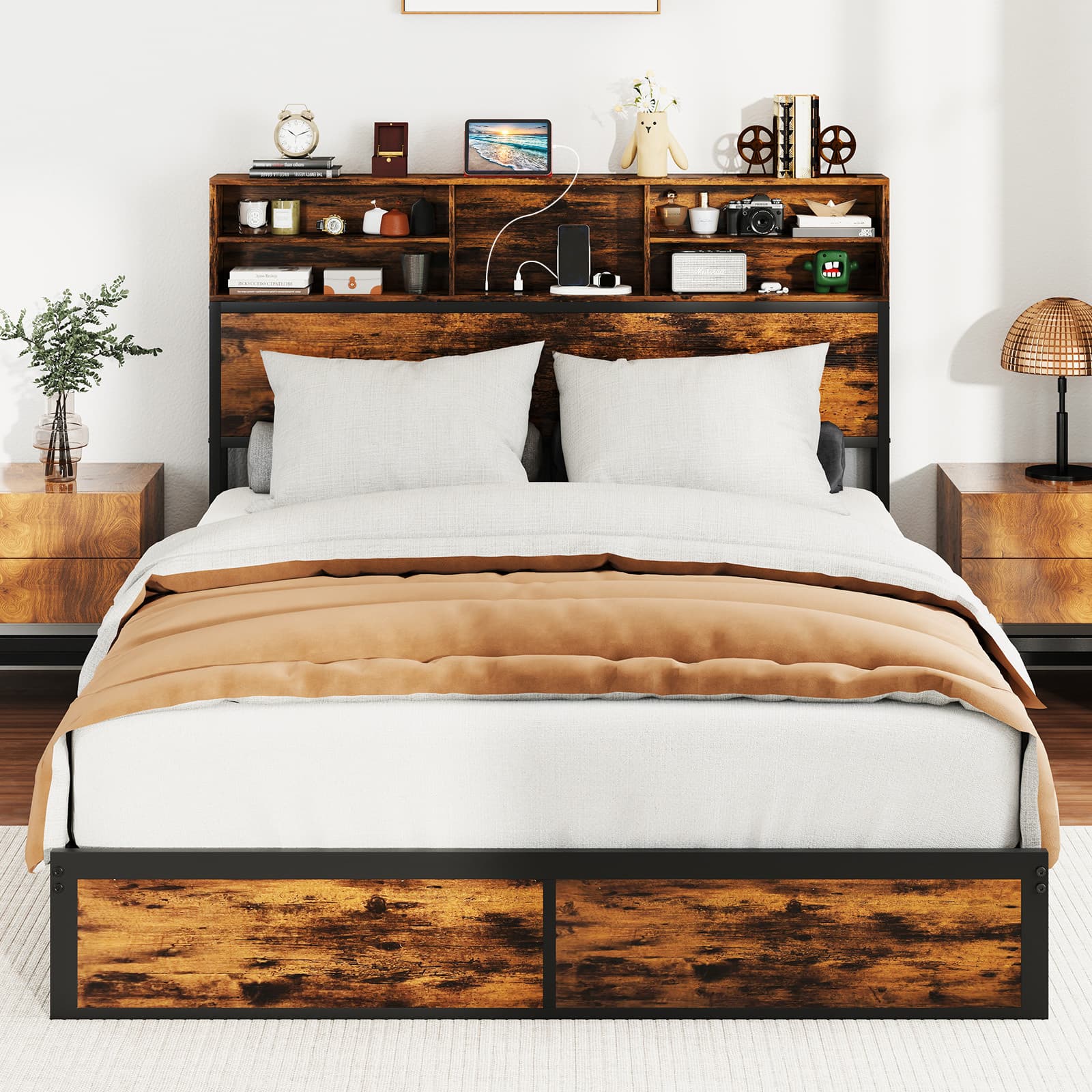 TEMU Industrial Bed Frame With Storage Headboard & Charging Station, Underbed Storage, Sturdy Metal Slat Mattress Foundation, Spring Needed
