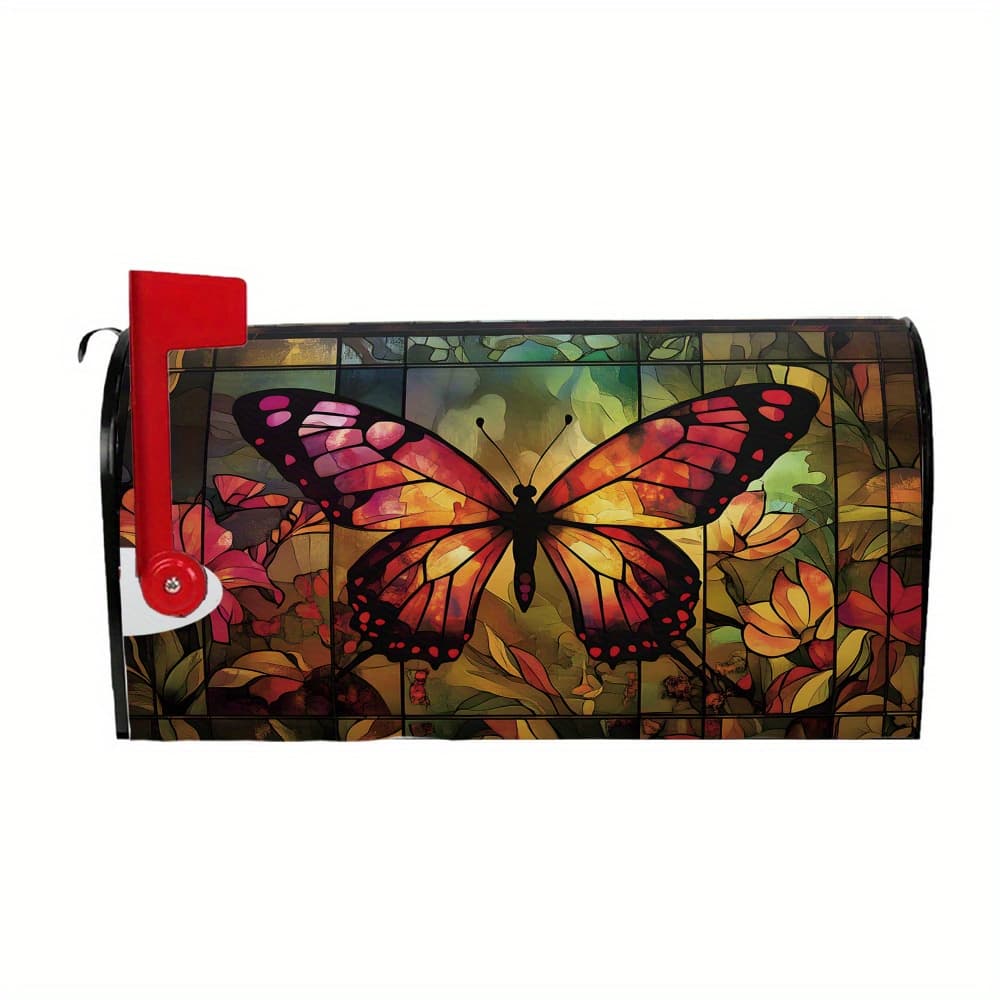 TEMU 1pc, Stained Mailbox Cover. Large, Multi-colored (red, Orange, Pink) With Flowers. Artistic. ., Magnetic. 21x18 Inches. Beautifies Garden And Courtyard