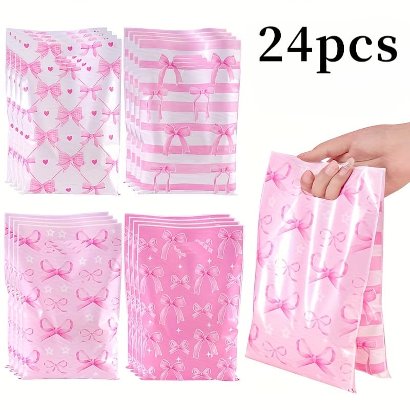 TEMU Gift For Her/him 12/24pcs Pink Bow Plastic Gift Bags | 4 Cute Mixed Party Tote Bags With Handles, Durable Pp Material, Perfect For Birthdays, Weddings, Bridal Showers