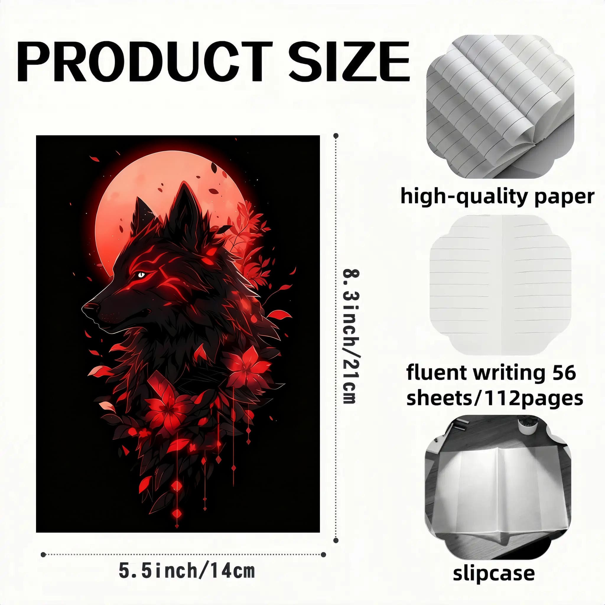 TEMU Black Wolf Red Moon Notebook- 5.7x8.3inch| High-quality Striped Paper, University-sized Diary Suitable For Office And School Use, Perfect Gift For , , Teachers, And Students|