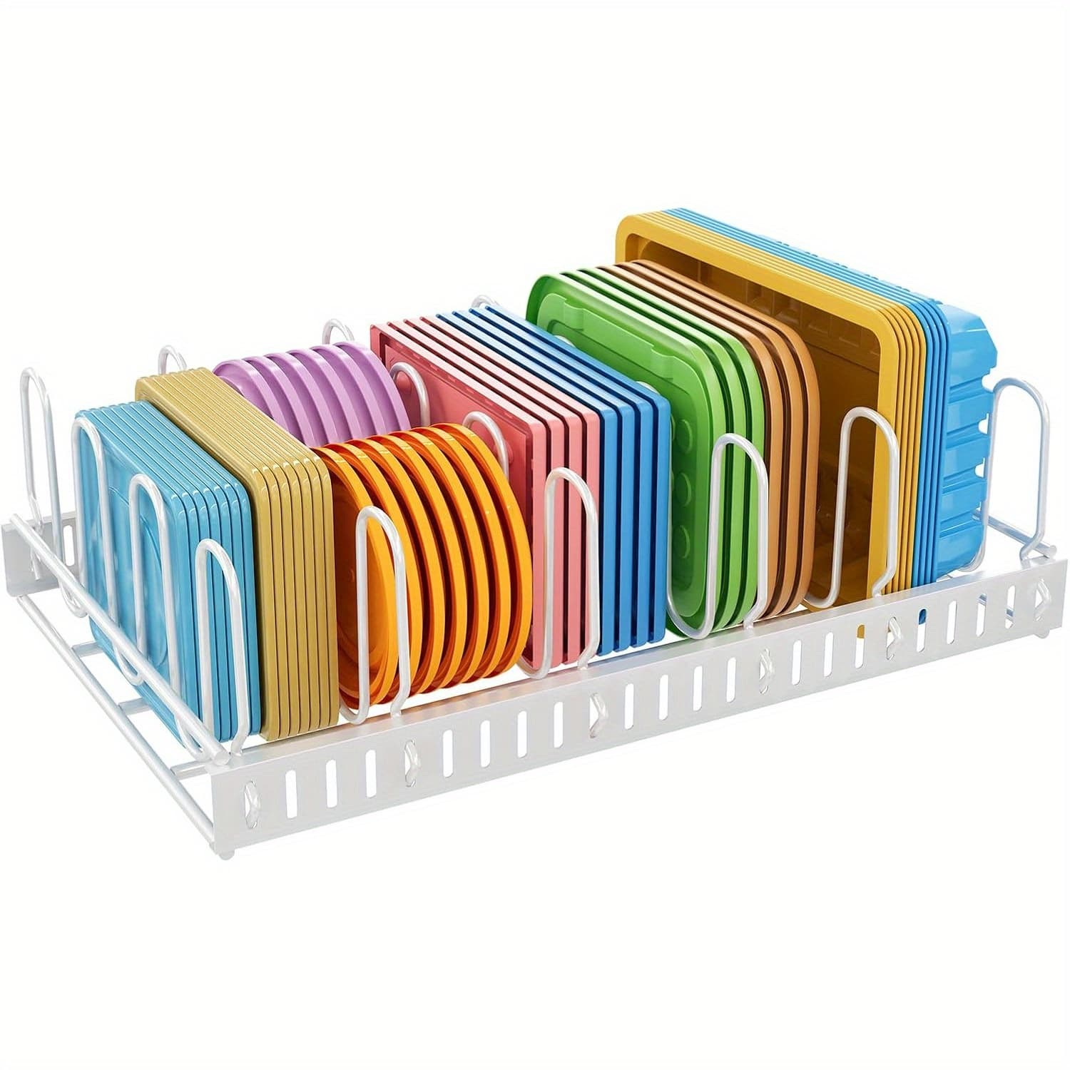 TEMU White Food Container Lid Organizer&adjustable Metal Lid Holder Rack 6 Dividers Storage Container Lid Organizer For Cabinets, Cupboards, Pantry, Drawers To Keep Kitchen Tidy()