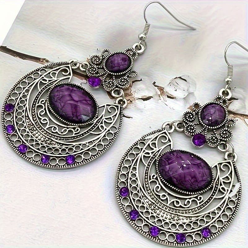 TEMU Chic Vintage-style Earrings Featuring Intricate Hollow Carvings And Purple Stone Details, Ideal For Everyday Use And Ramadan , Stylish Earrings