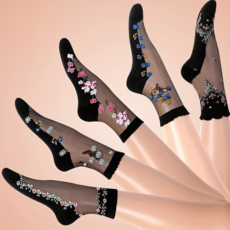 TEMU 5 Pairs Of Women's Floral Socks, Soft And Lightweight Socks With Fashionable Floral Patterns And Size.