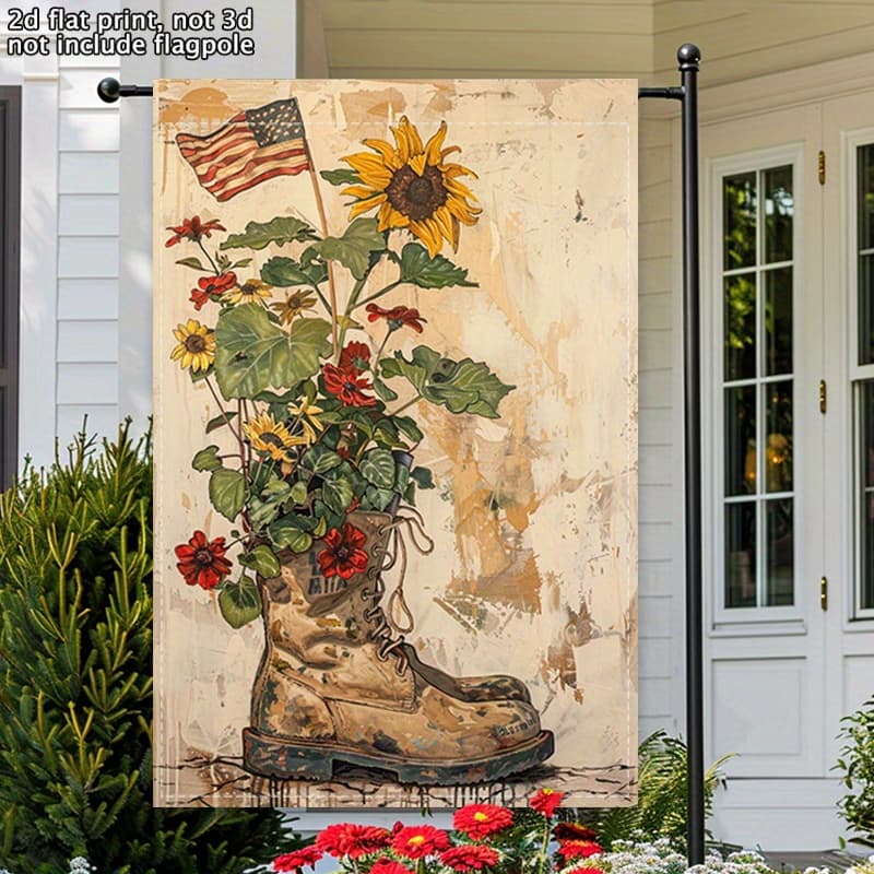 TEMU 2d Flat - 2d Flat - 1pc A Two-dimensional, Double-sided Garden Flag Showcasing A Design With A Combat Boot With Geraniums, Sunflowers, And Flag